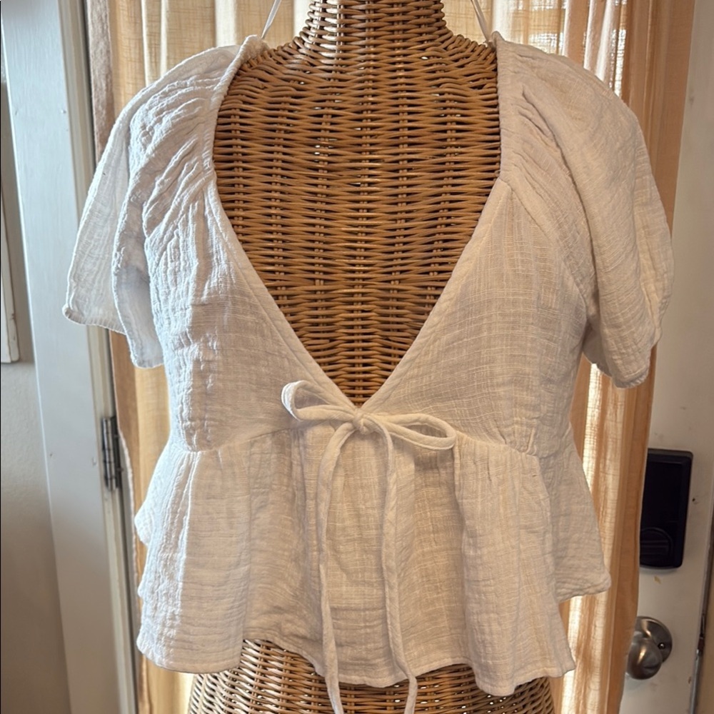 White Peplum Tie-Front Top